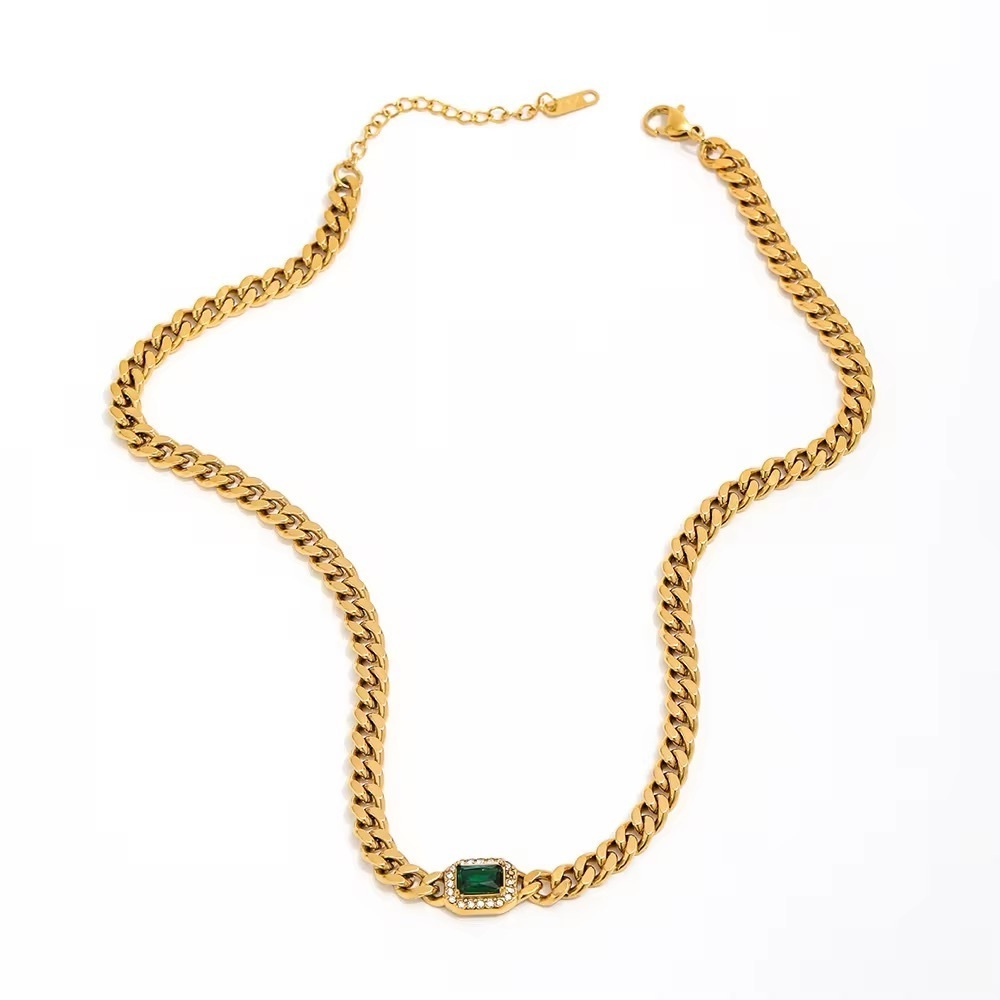 Golden Chain Necklace with Green Gem Accent - Picture 2 of 4